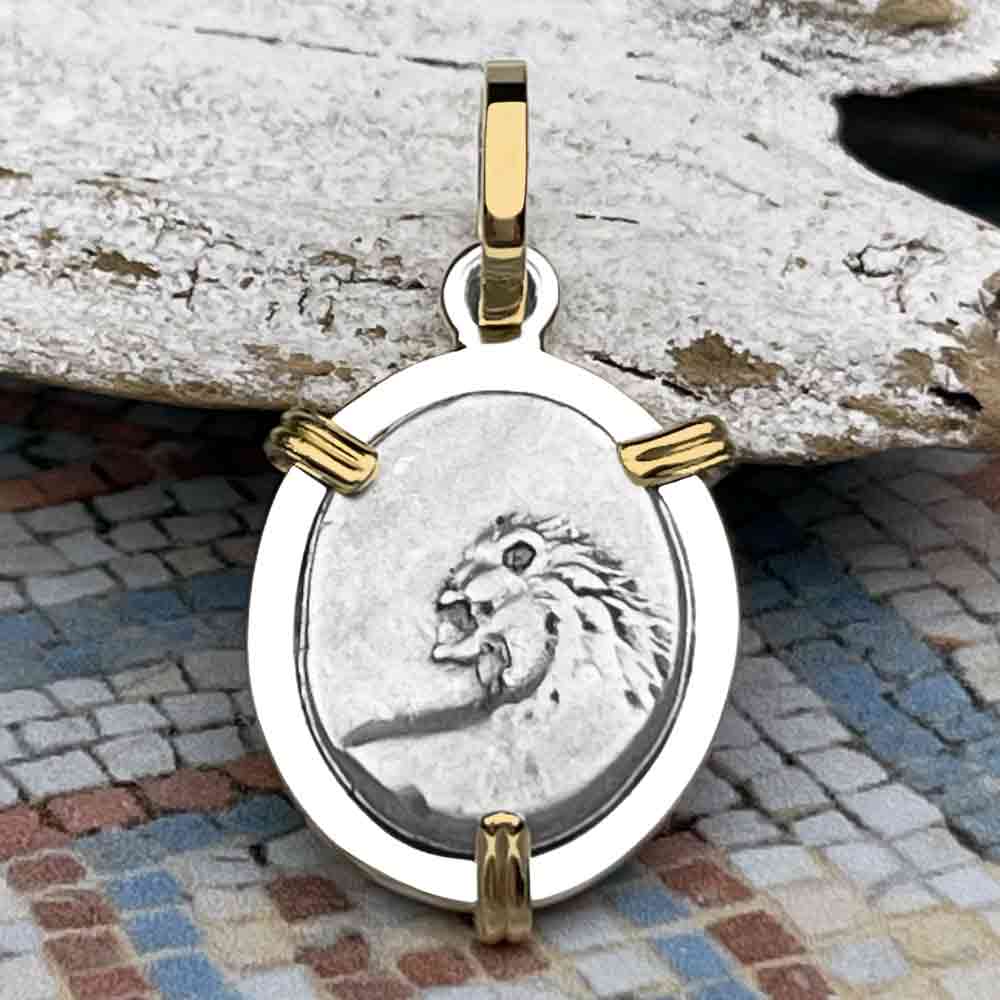 Ancient Greek Lion Hemidrachm 400 BC 14K Gold and Sterling Silver Pendant 