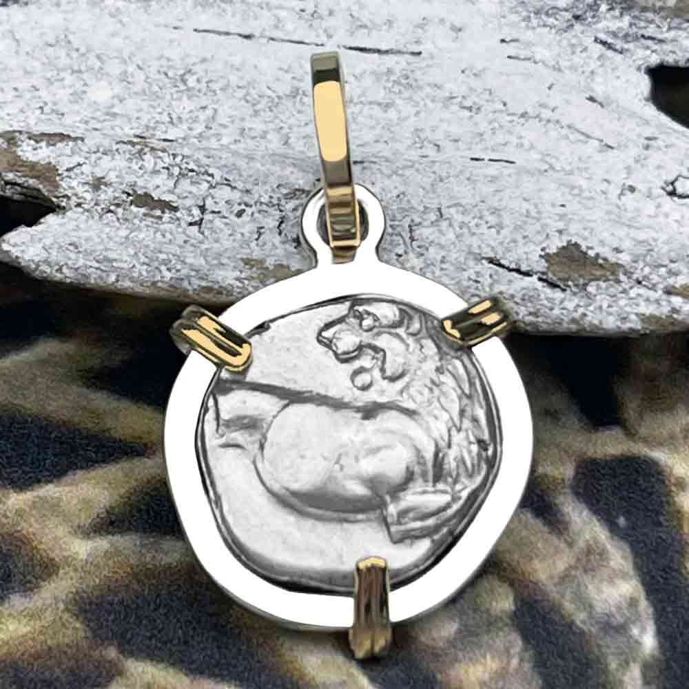 Ancient Greek Lion Hemidrachm 400 BC 14K Gold and Sterling Silver Pendant 