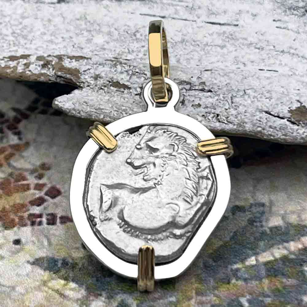 Ancient Greek Lion Hemidrachm 400 BC 14K Gold and Sterling Silver Pendant 