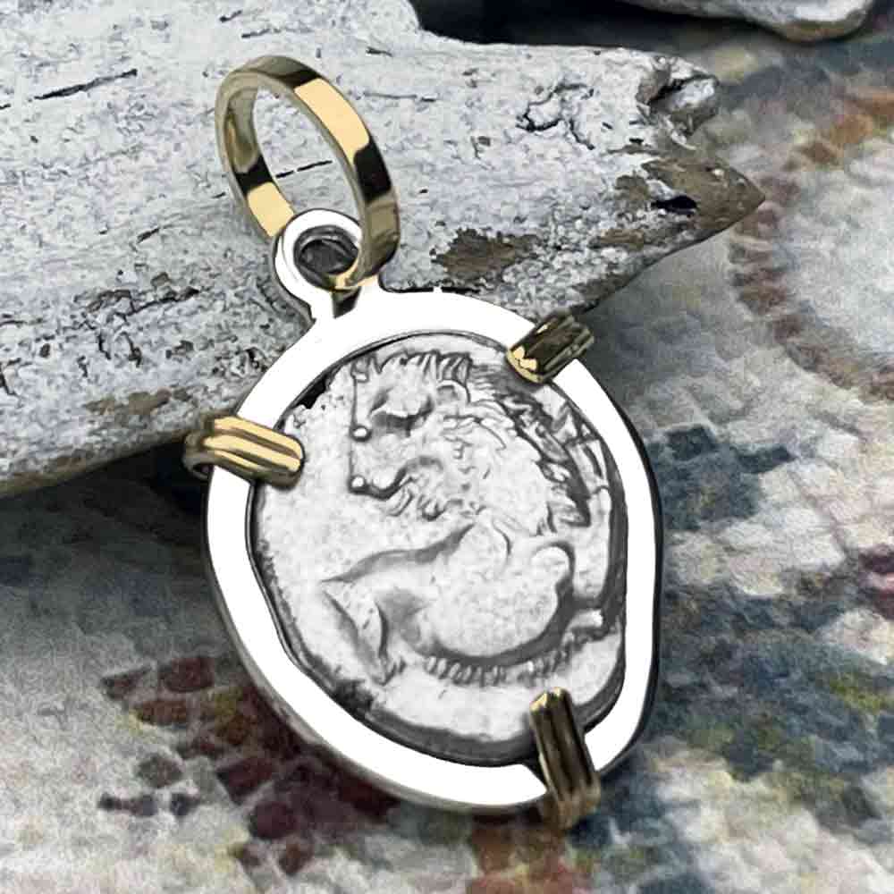 Ancient Greek Lion Hemidrachm 400 BC 14K Gold and Sterling Silver Pendant 