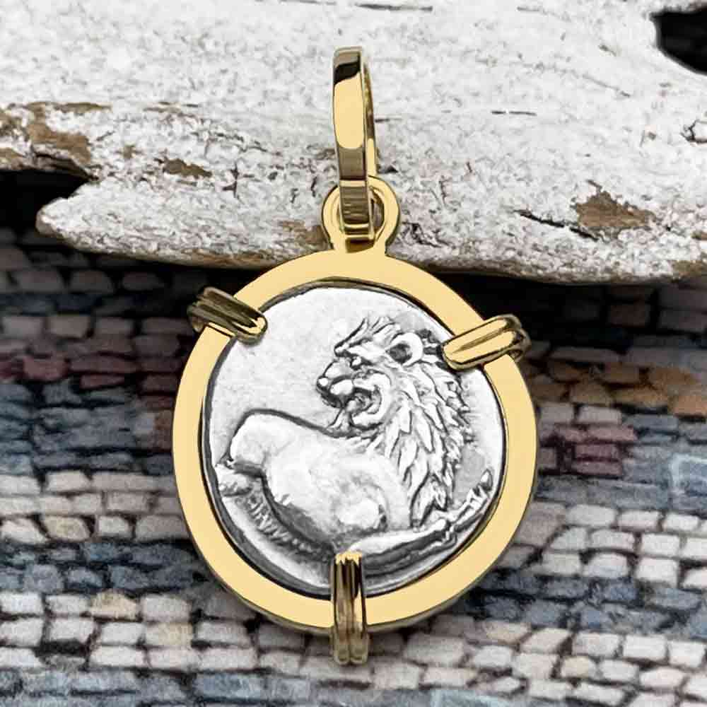 Ancient Greek Lion Hemidrachm 400 BC 14K Gold Pendant