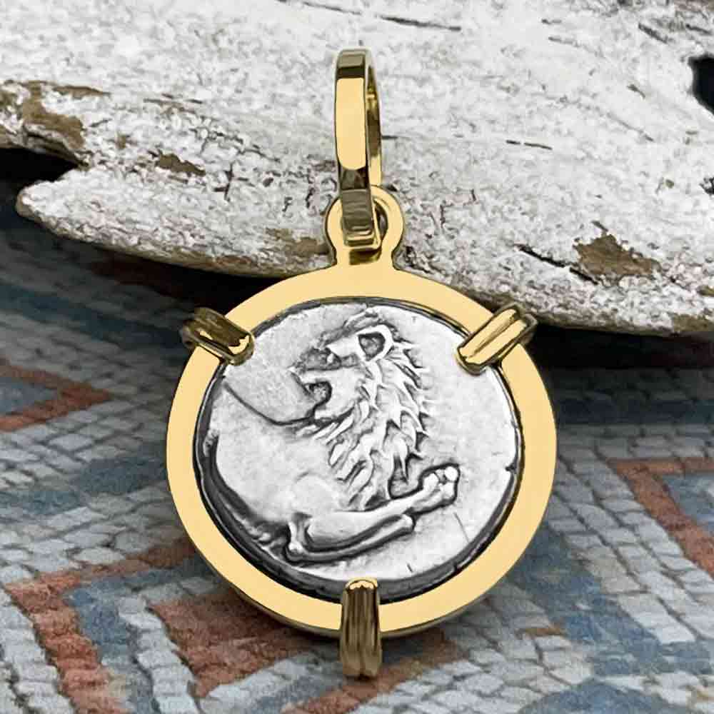 Ancient Greek Lion Hemidrachm 400 BC 14K Gold Pendant