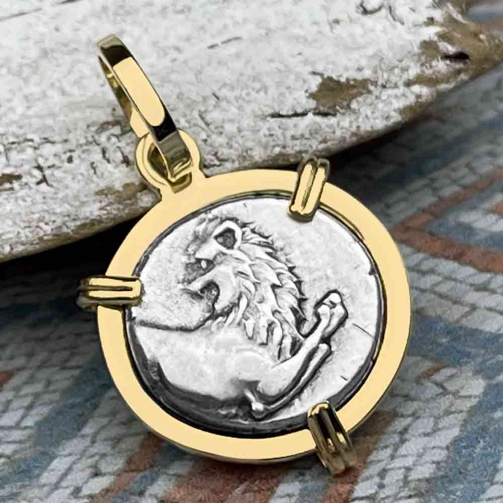 Ancient Greek Lion Hemidrachm 400 BC 14K Gold Pendant