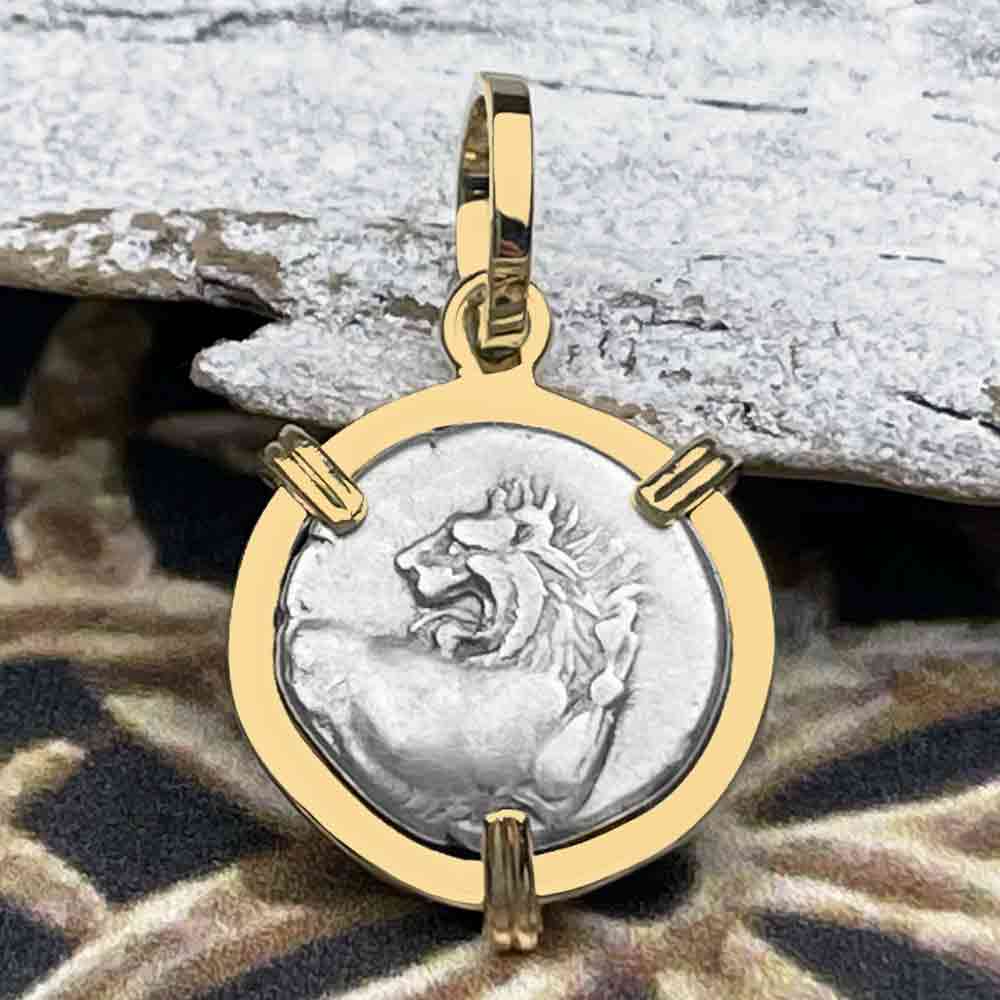 Ancient Greek Lion Hemidrachm 400 BC 14K Gold Pendant