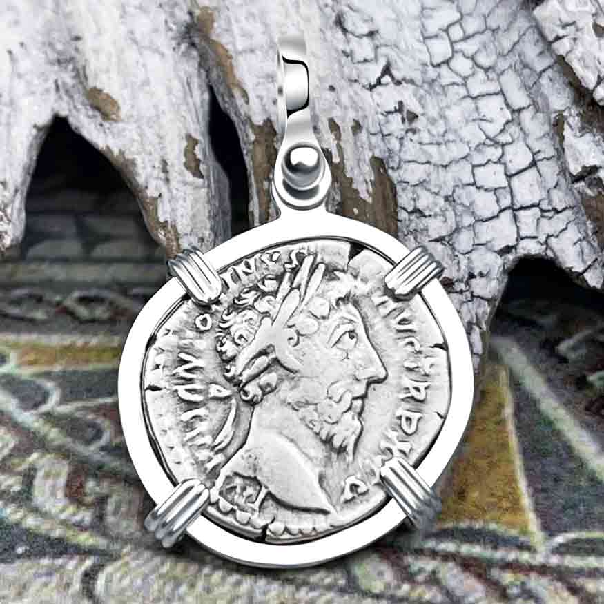 Roman Empire Silver Denarius Coin of Marcus Aurelius, the Philosopher Warrior 170 AD Sterling Silver Pendant 