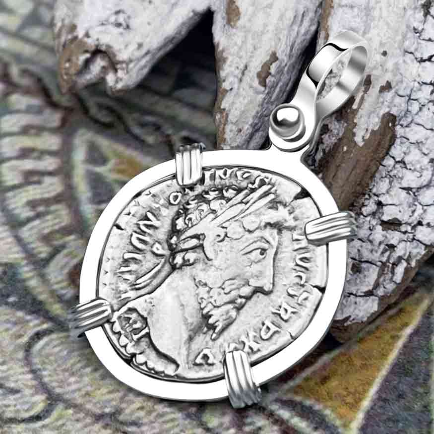 Roman Empire Silver Denarius Coin of Marcus Aurelius, the Philosopher Warrior 170 AD Sterling Silver Pendant 