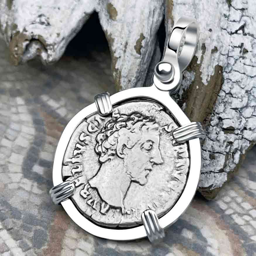 Roman Empire Silver Denarius Coin of Marcus Aurelius, the Philosopher Warrior 153 AD Sterling Silver Pendant