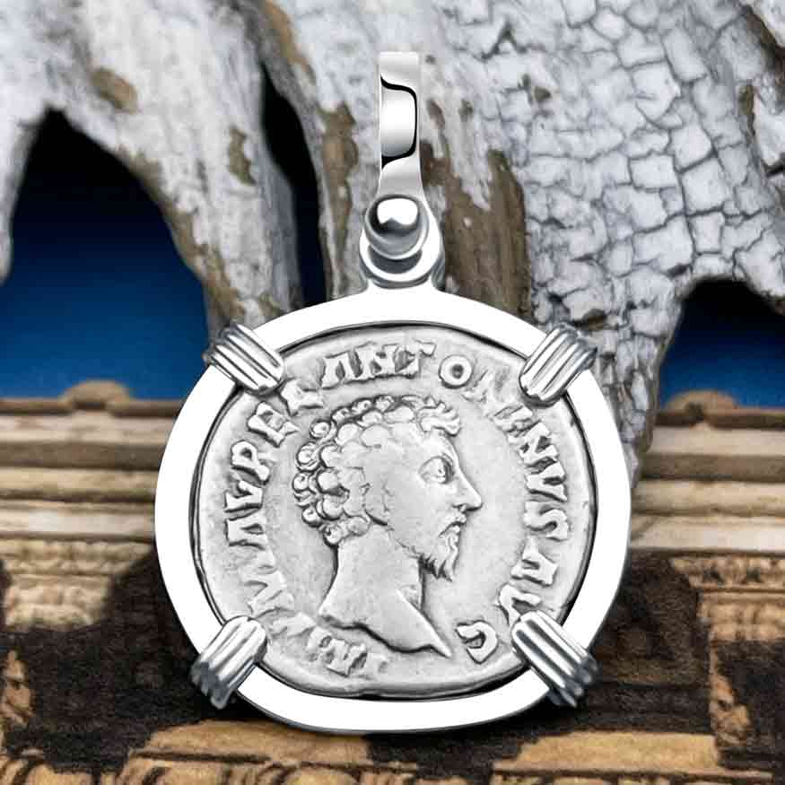 Roman Empire Silver Denarius Coin of Marcus Aurelius, the Philosopher Warrior 162 AD Sterling Silver Pendant