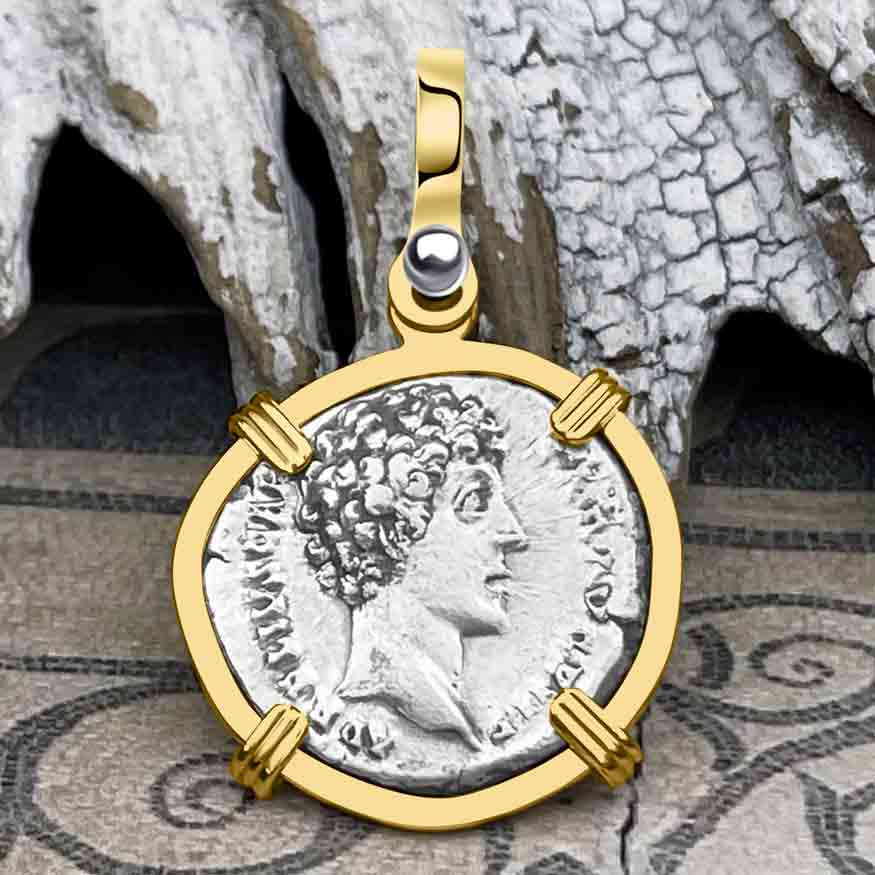 Roman Empire Silver Denarius Coin of Marcus Aurelius, the Philosopher Warrior 145 AD 14K Gold Pendant