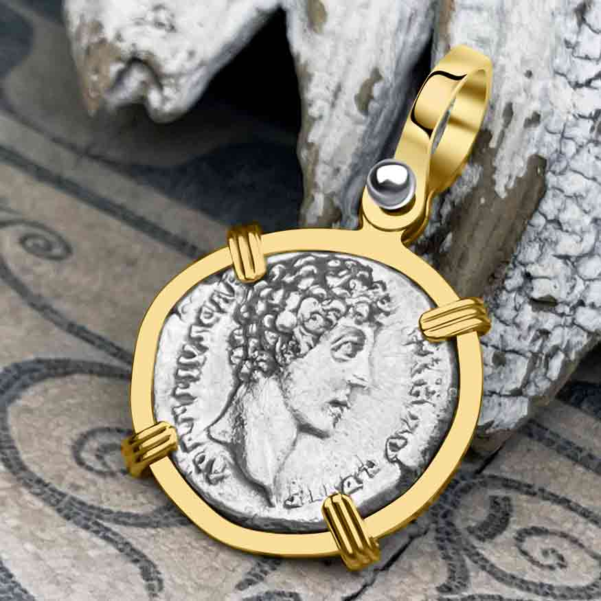 Roman Empire Silver Denarius Coin of Marcus Aurelius, the Philosopher Warrior 145 AD 14K Gold Pendant