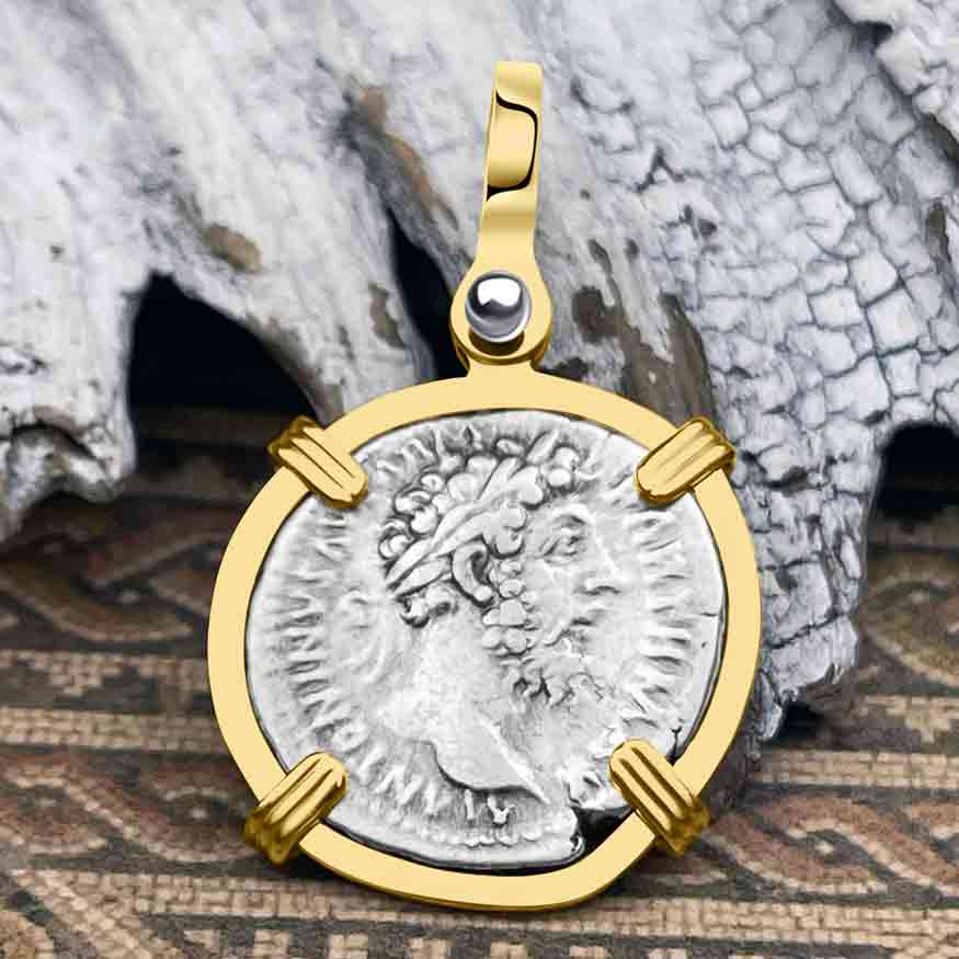 Roman Empire Silver Denarius Coin of Marcus Aurelius, the Philosopher Warrior 168 AD 14K Gold Pendant