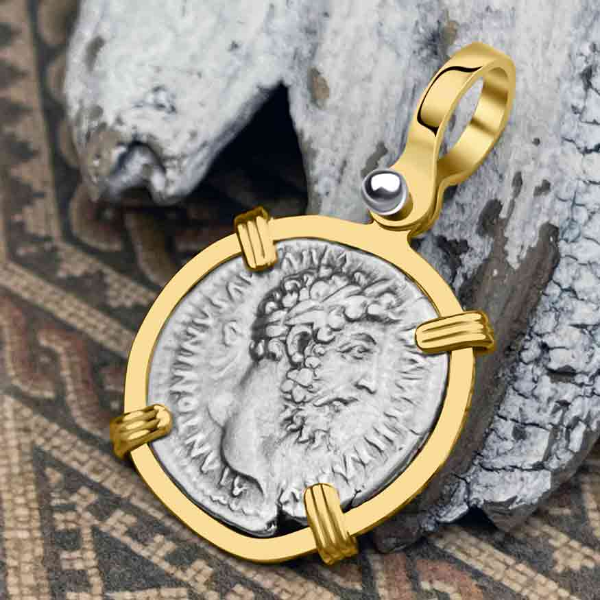 Roman Empire Silver Denarius Coin of Marcus Aurelius, the Philosopher Warrior 168 AD 14K Gold Pendant