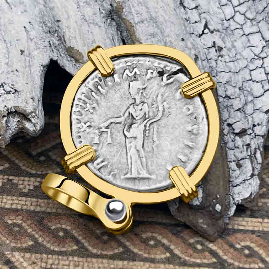 Roman Empire Silver Denarius Coin of Marcus Aurelius, the Philosopher Warrior 168 AD 14K Gold Pendant