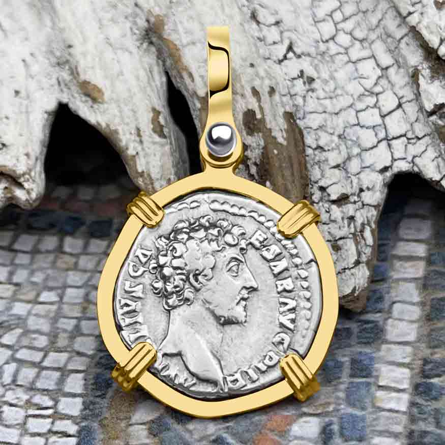 Roman Empire Silver Denarius Coin of Marcus Aurelius, the Philosopher Warrior 147 AD 14K Gold Pendant