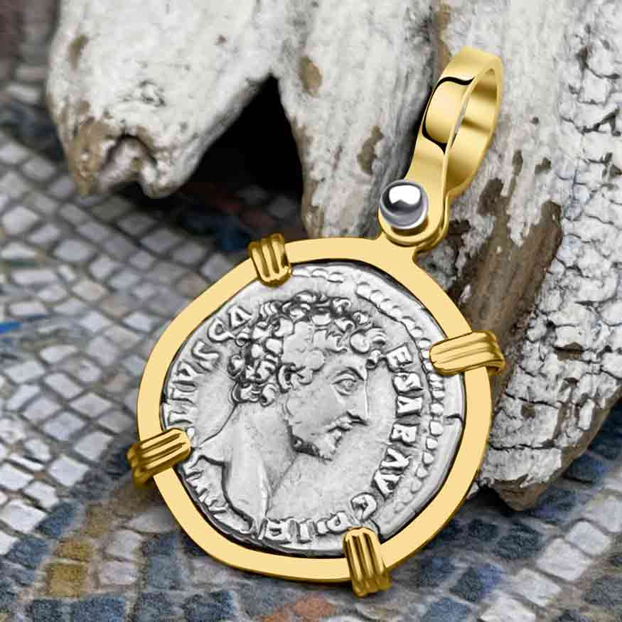 Roman Empire Silver Denarius Coin of Marcus Aurelius, the Philosopher Warrior 147 AD 14K Gold Pendant