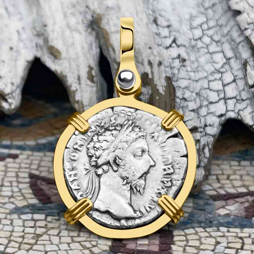 Roman Empire Silver Denarius Coin of Marcus Aurelius, the Philosopher Warrior 172 AD 14K Gold Pendant