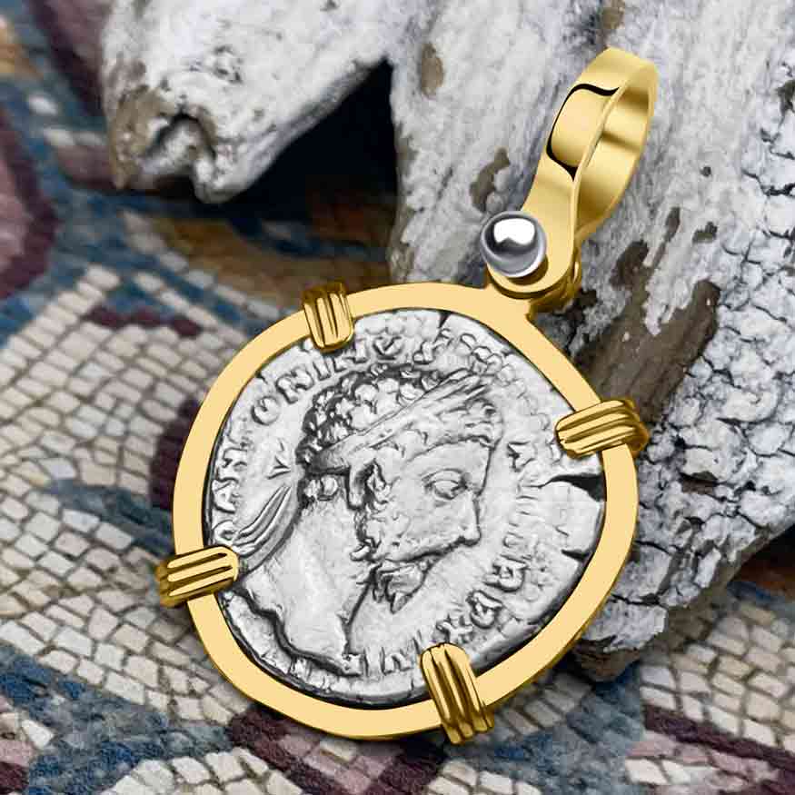 Roman Empire Silver Denarius Coin of Marcus Aurelius, the Philosopher Warrior 172 AD 14K Gold Pendant