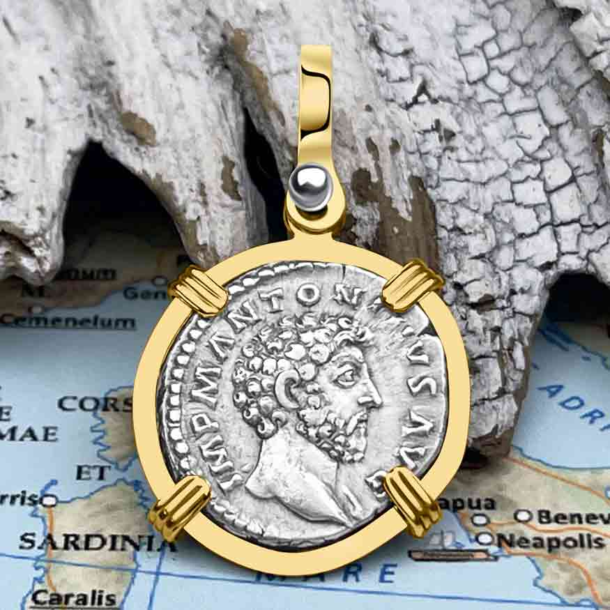 Roman Empire Silver Denarius Coin of Marcus Aurelius, the Philosopher Warrior 162 AD 14K Gold Pendant