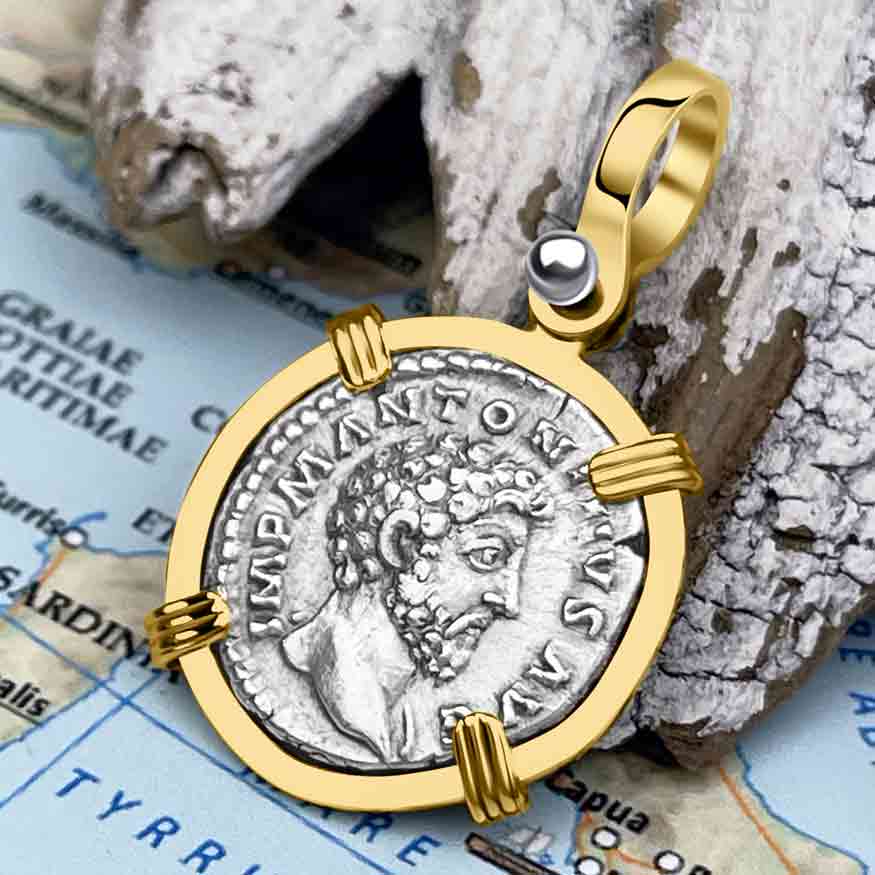 Roman Empire Silver Denarius Coin of Marcus Aurelius, the Philosopher Warrior 162 AD 14K Gold Pendant