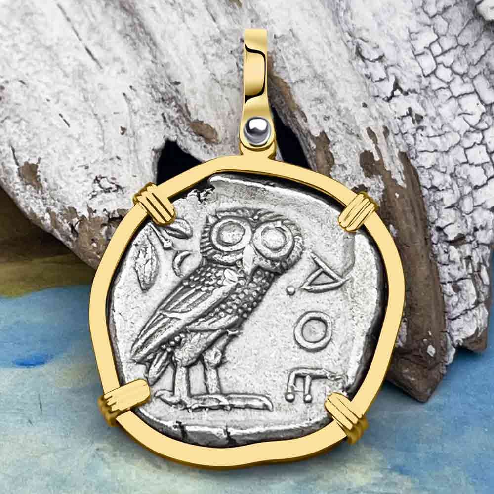 Ancient Greek Athena and the Owl Silver Tetradrachm circa 450 BC 14K Gold Pendant