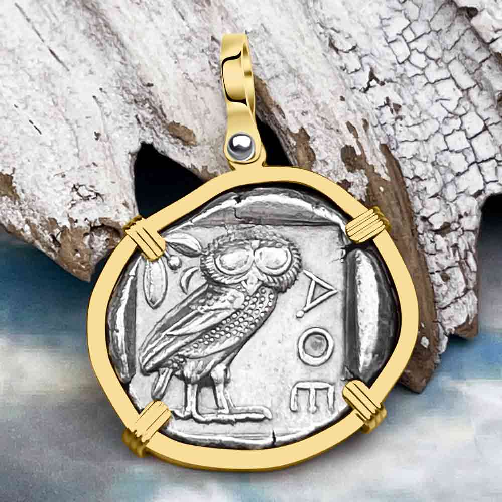 Ancient Greek Athena and the Owl Silver Tetradrachm circa 450 BC 14K Gold Pendant