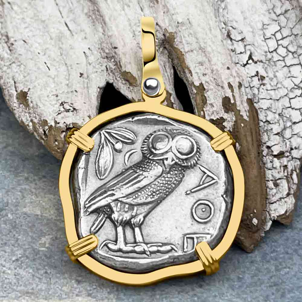 Ancient Greek Athena and the Owl Silver Tetradrachm circa 450 BC 14K Gold Pendant