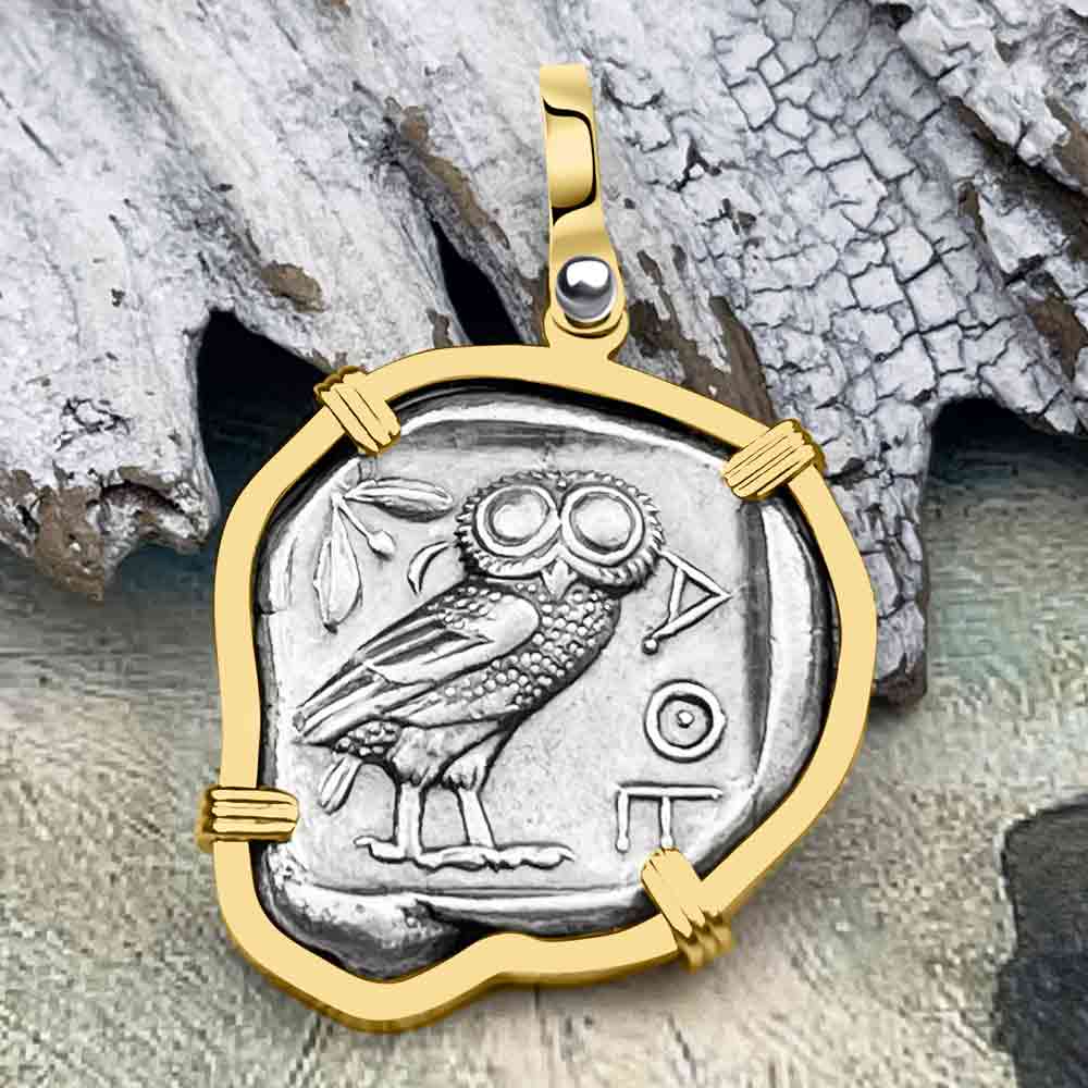 Ancient Greek Athena and the Owl Silver Tetradrachm circa 450 BC 14K Gold Pendant