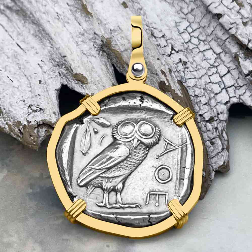 Ancient Greek Athena and the Owl Silver Tetradrachm circa 450 BC 14K Gold Pendant