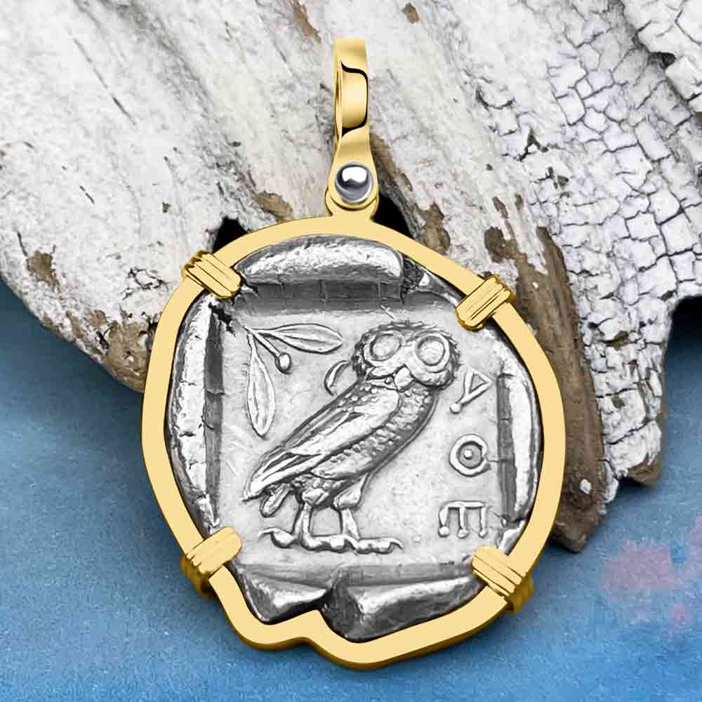 Ancient Greek Athena and the Owl Silver Tetradrachm circa 450 BC 14K Gold Pendant