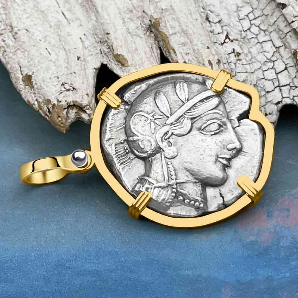 Ancient Greek Athena and the Owl Silver Tetradrachm circa 450 BC 14K Gold Pendant