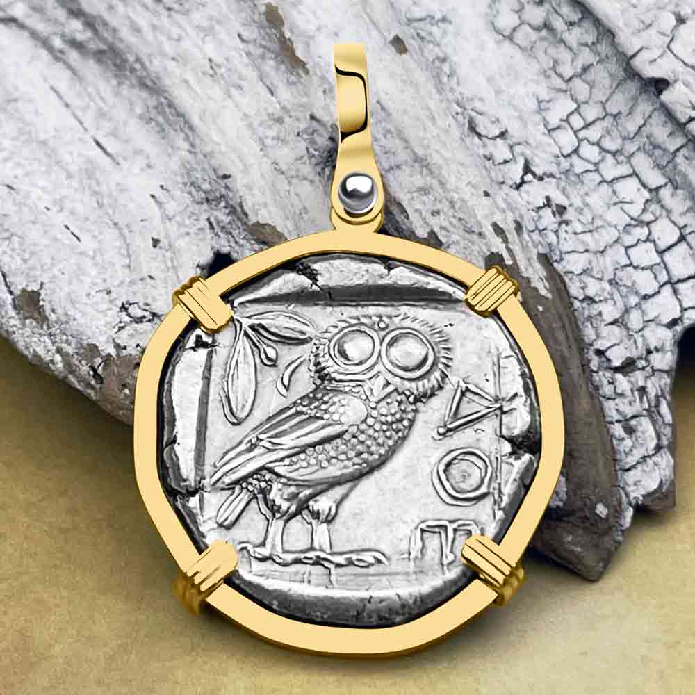 Ancient Greek Athena and the Owl Silver Tetradrachm circa 450 BC RARE ZERO DIE AXIS 14K Gold Pendant