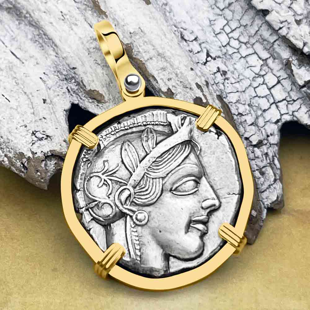 Ancient Greek Athena and the Owl Silver Tetradrachm circa 450 BC RARE ZERO DIE AXIS 14K Gold Pendant