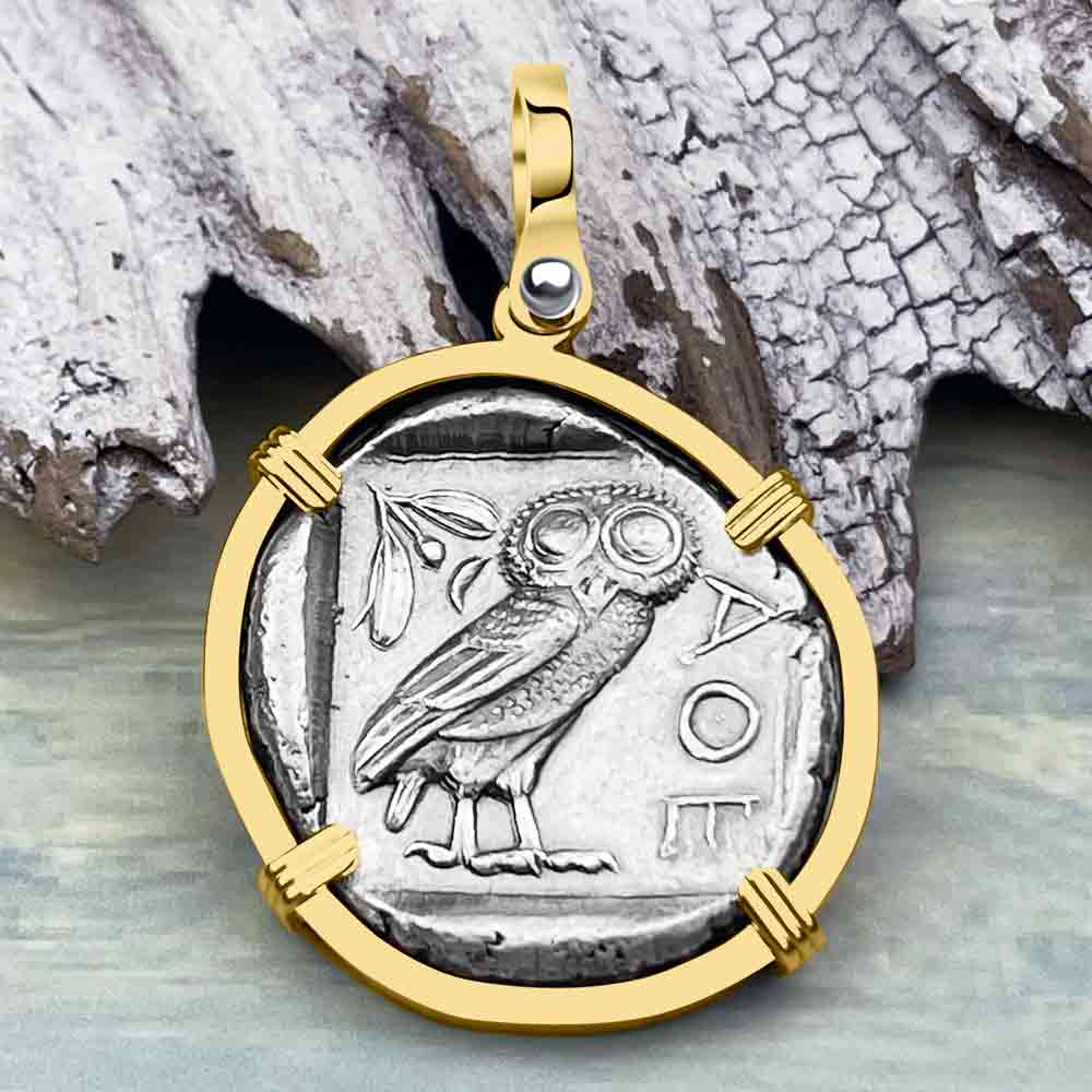 Ancient Greek Athena and the Owl Silver Tetradrachm circa 450 BC RARE ZERO DIE AXIS 14K Gold Pendant