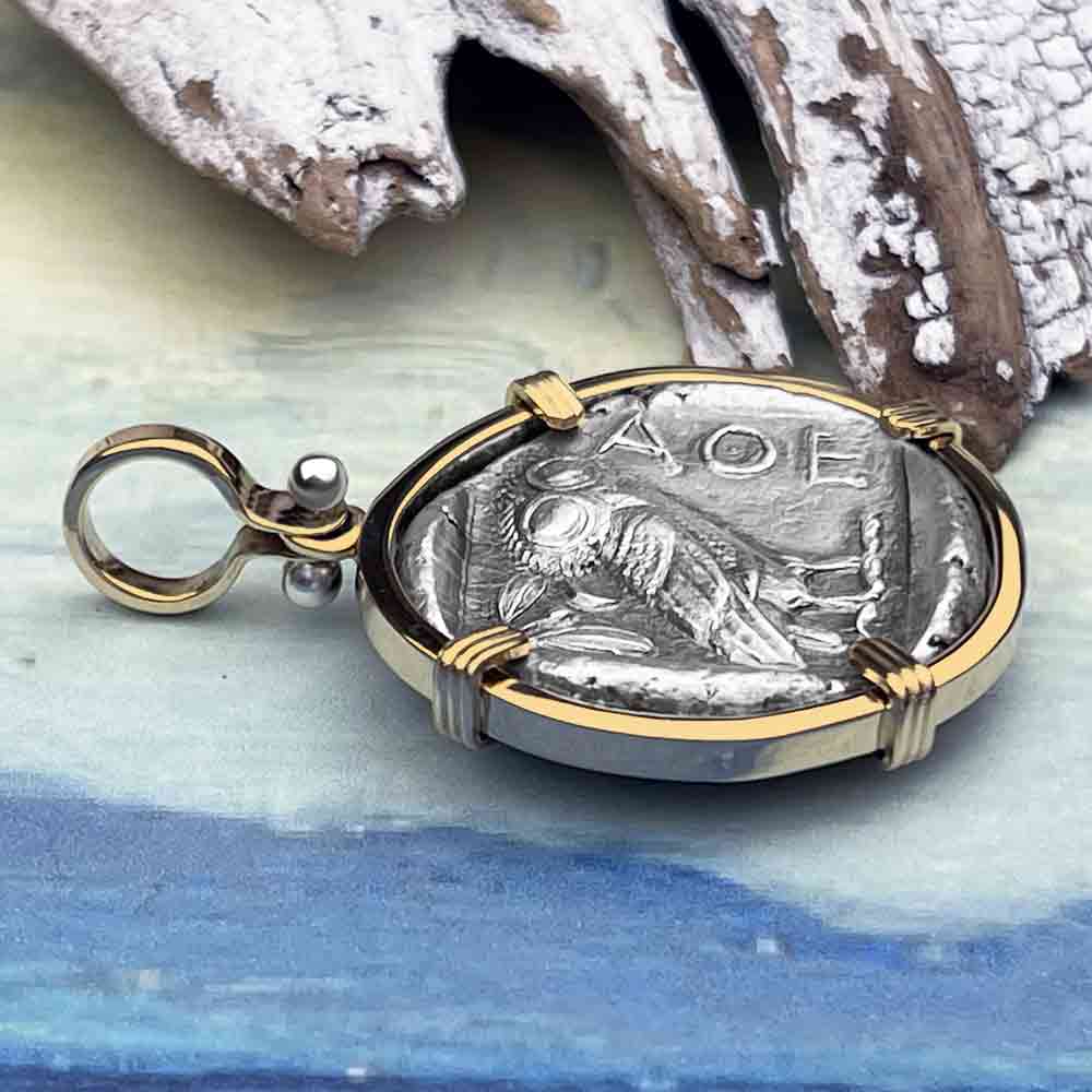 Ancient Greek Athena and the Owl Silver Tetradrachm circa 450 BC RARE ZERO DIE AXIS 14K Gold Pendant