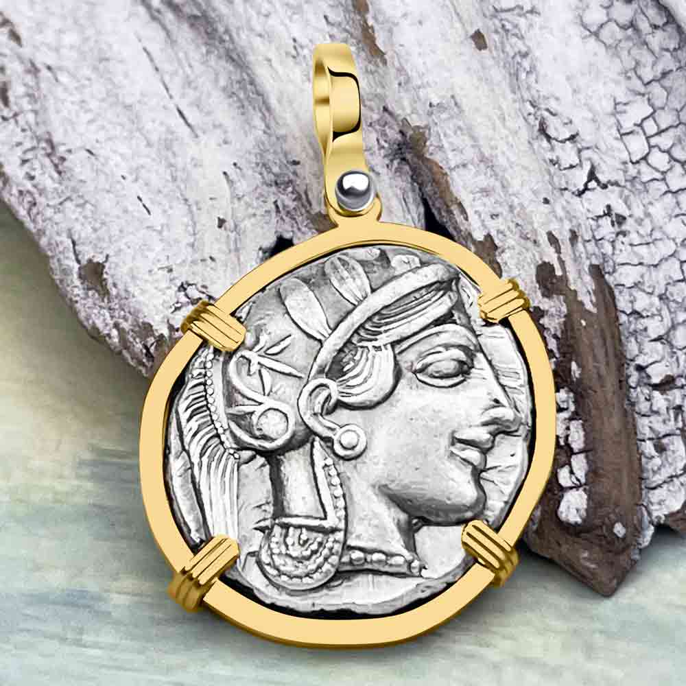 Ancient Greek Athena and the Owl Silver Tetradrachm circa 450 BC RARE ZERO DIE AXIS 14K Gold Pendant