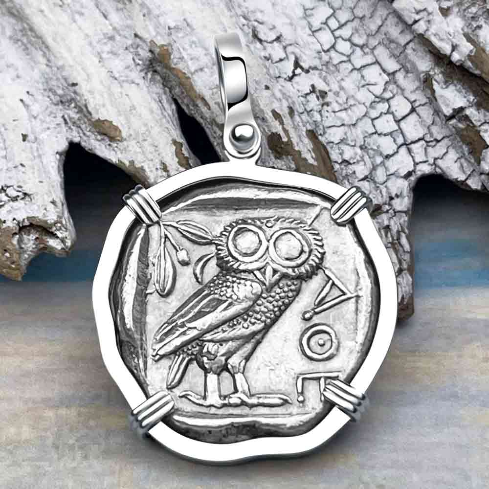 Ancient Greek Athena and the Owl Silver Tetradrachm circa 450 BC 14K White Gold Pendant