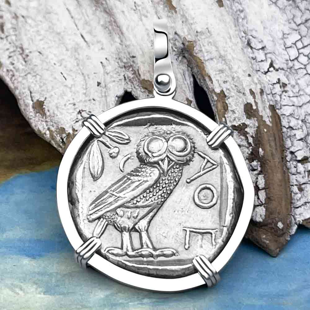 Ancient Greek Athena and the Owl Silver Tetradrachm circa 450 BC 14K White Gold Pendant