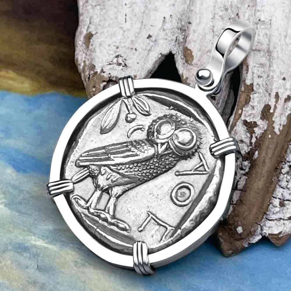 Ancient Greek Athena and the Owl Silver Tetradrachm circa 450 BC 14K White Gold Pendant