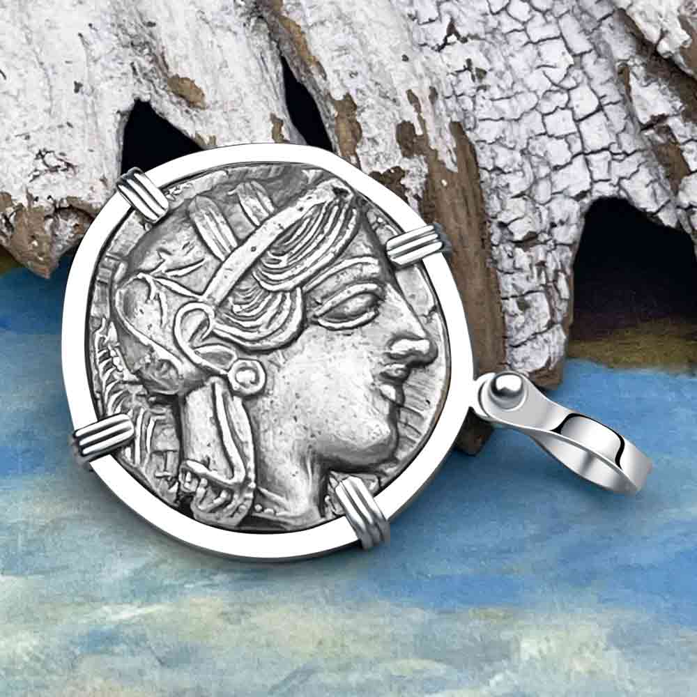 Ancient Greek Athena and the Owl Silver Tetradrachm circa 450 BC 14K White Gold Pendant