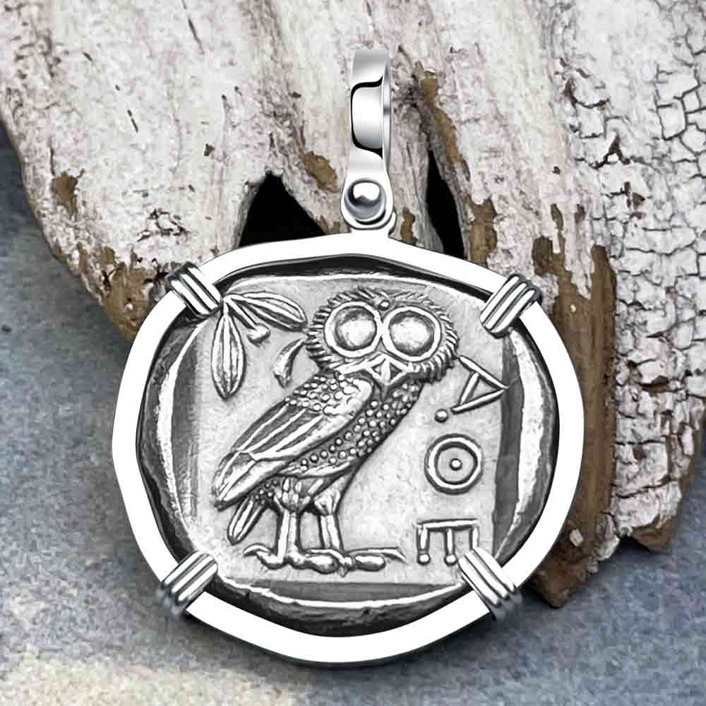 Ancient Greek Athena and the Owl Silver Tetradrachm circa 450 BC 14K White Gold Pendant