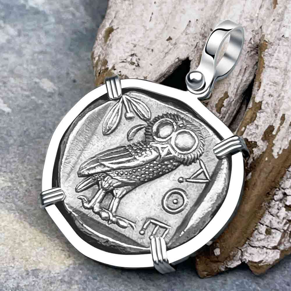 Ancient Greek Athena and the Owl Silver Tetradrachm circa 450 BC 14K White Gold Pendant