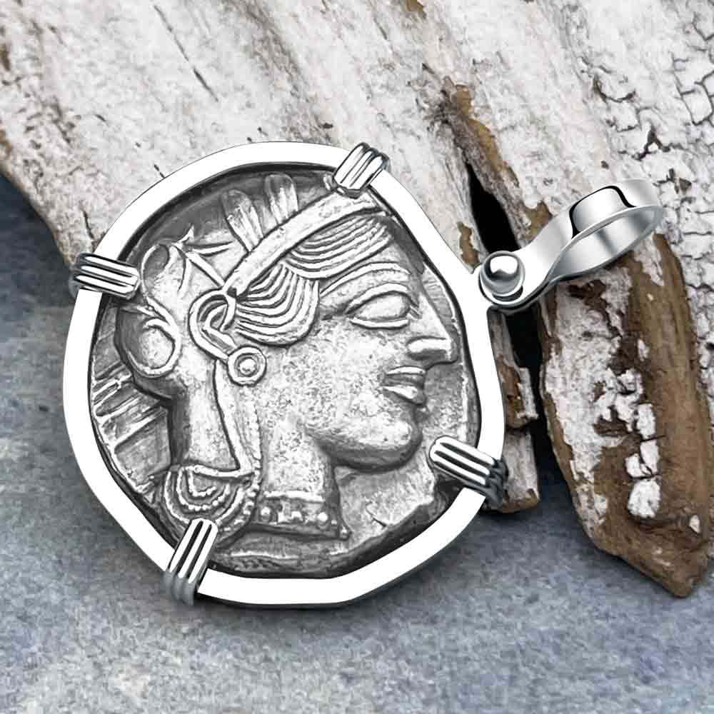 Ancient Greek Athena and the Owl Silver Tetradrachm circa 450 BC 14K White Gold Pendant