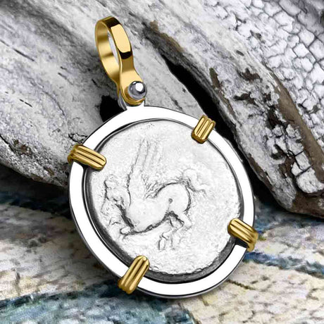 Ancient Greek Pegasus and Athena Silver Stater circa 350 – 240 BC 14K Gold & Sterling Silver Pendant