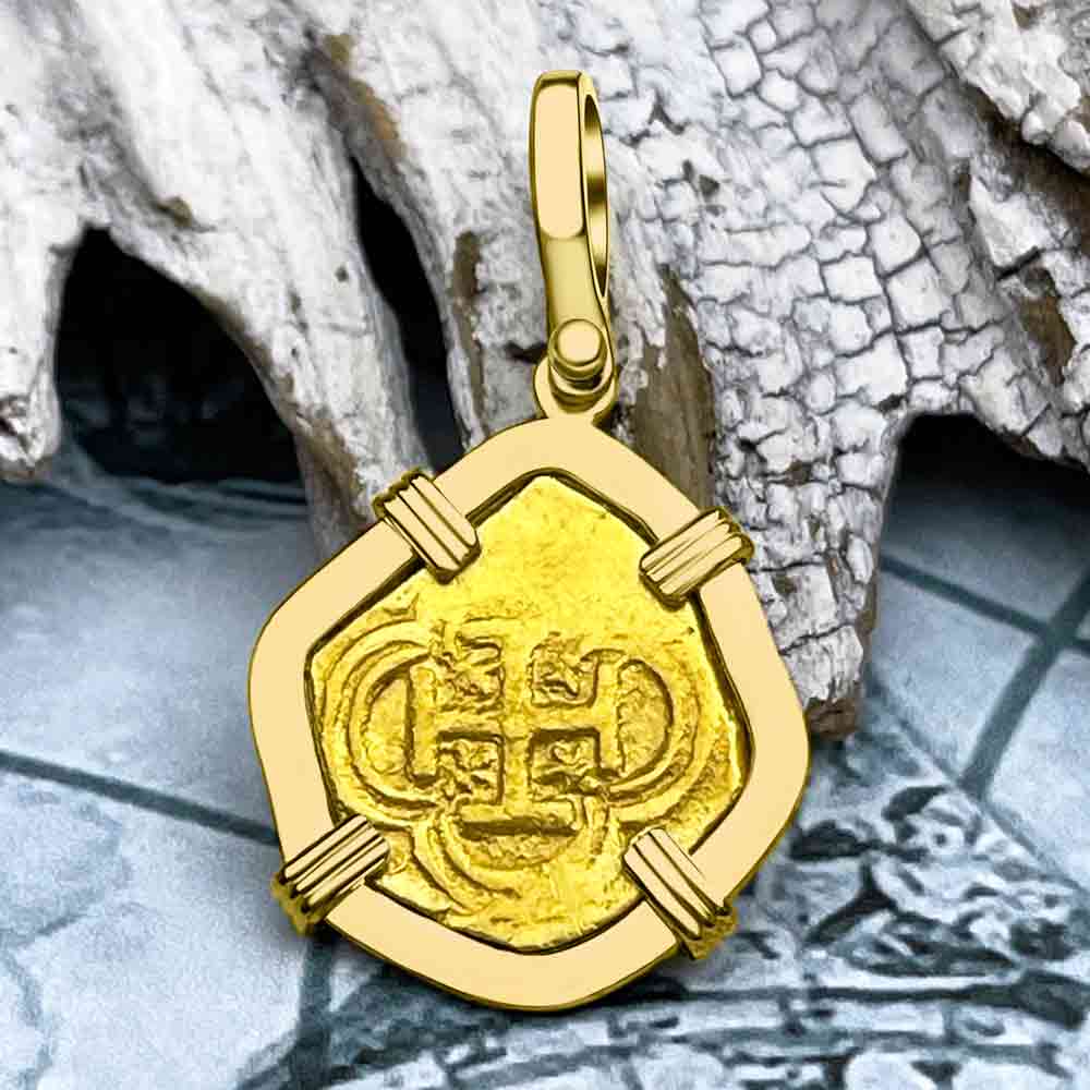 Pirate Era 1620s 22K Gold One Escudo - the Legendary Doubloon - 18K Gold Pendant 