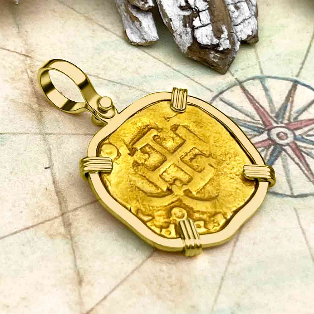 Pirate Era Circa 1640s 22K Gold Two Escudo - the Legendary Doubloon - 18K Gold Pendant 