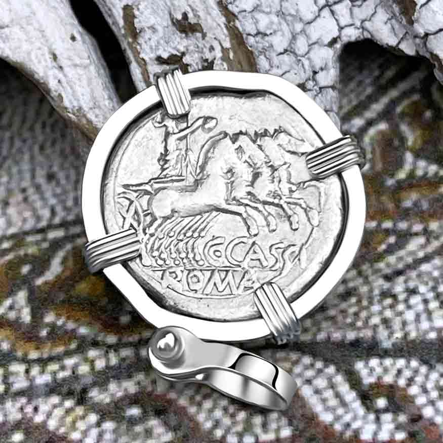 Roman Republic Silver Denarius with Roma Coin 126 BC 14K White Gold Pendant