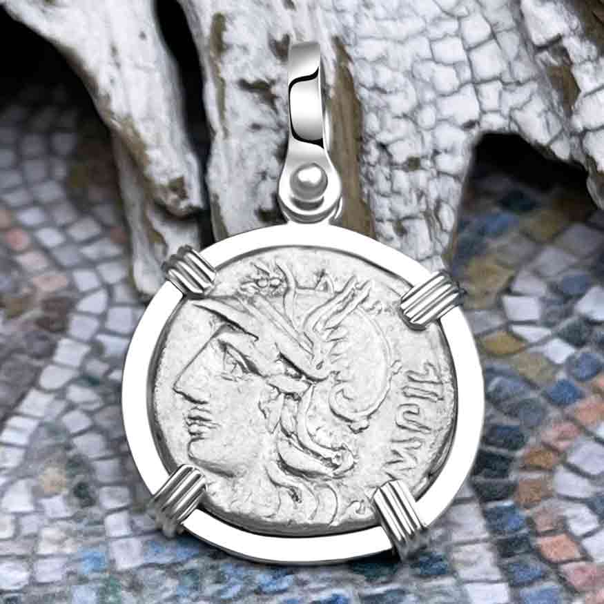 Roman Republic Silver Denarius with Roma Coin 137 BC 14K White Gold Pendant | Artifact #9571
