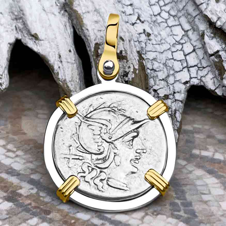 Roman Republic Roma &amp; Victory Denarius 157 BC 14K Gold &amp; Sterling Silver Pendant 