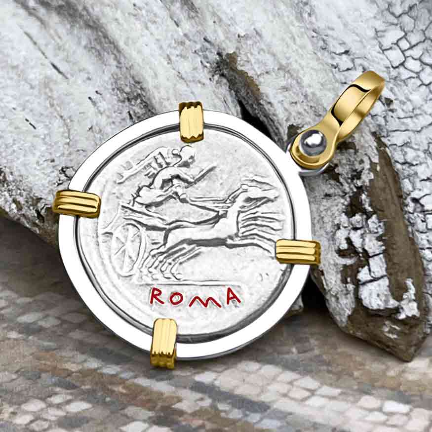 Roman Republic Roma & Victory Denarius 157 BC 14K Gold & Sterling Silver Pendant 