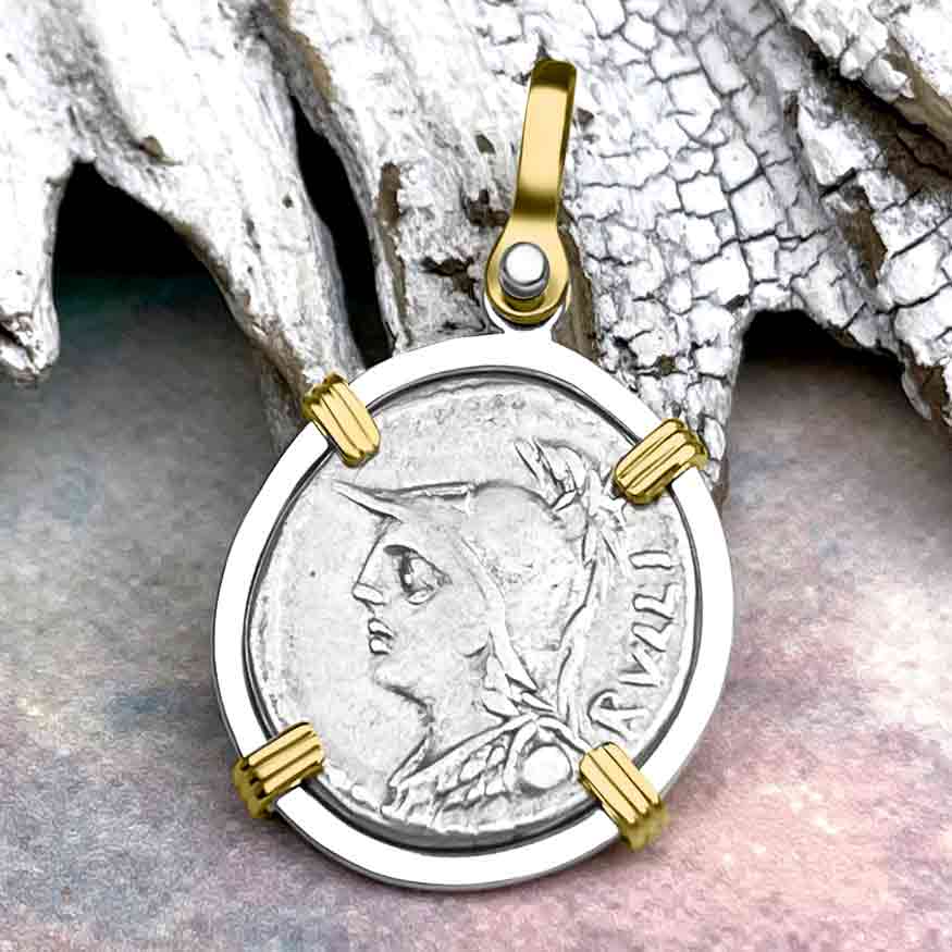Roman Republic Roma & Victory Denarius 100 BC 14K Gold & Sterling Silver Pendant